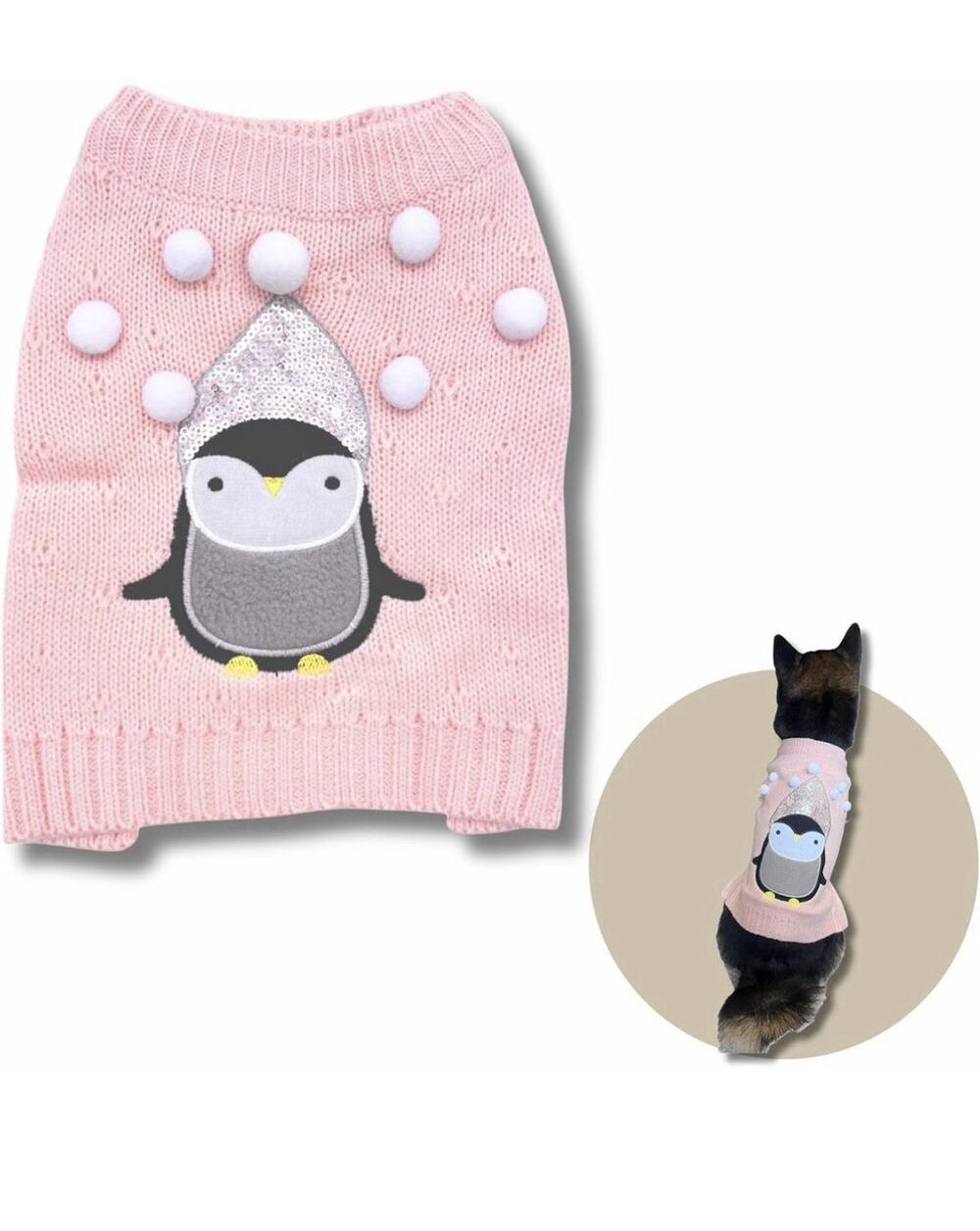 Pet pink penguine sequin knit dog sweater L